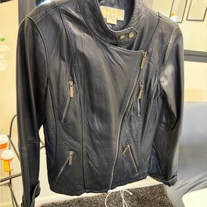 Michael Kors Black Leather Asymmetrical Moto Jacket with Gold Zippers